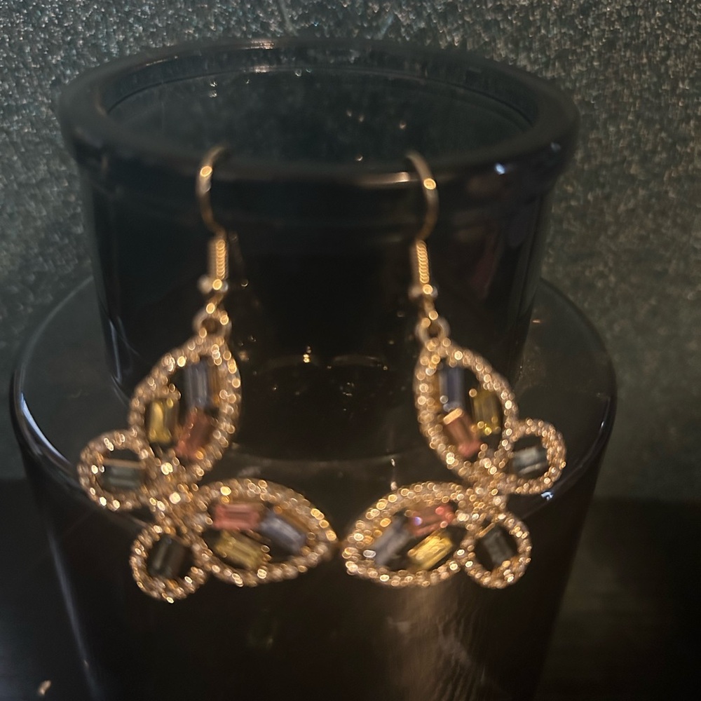 Gold-Tone Multicolor Crystal Flower Drop Earrings